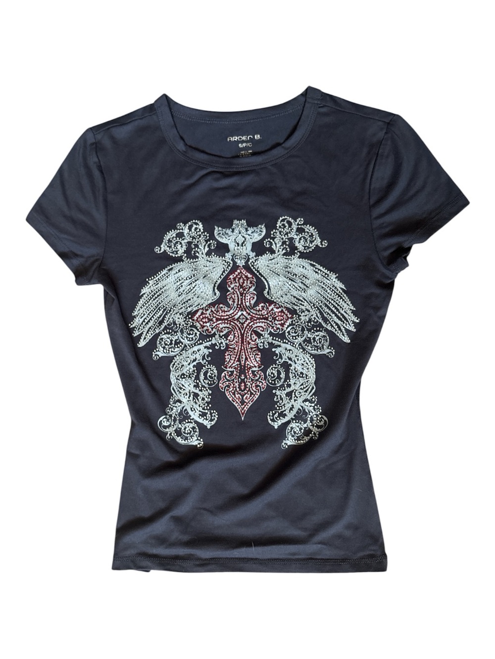 Arden B. Dark Grey Rhinestone Wings & Cross Graphic Baby Tee